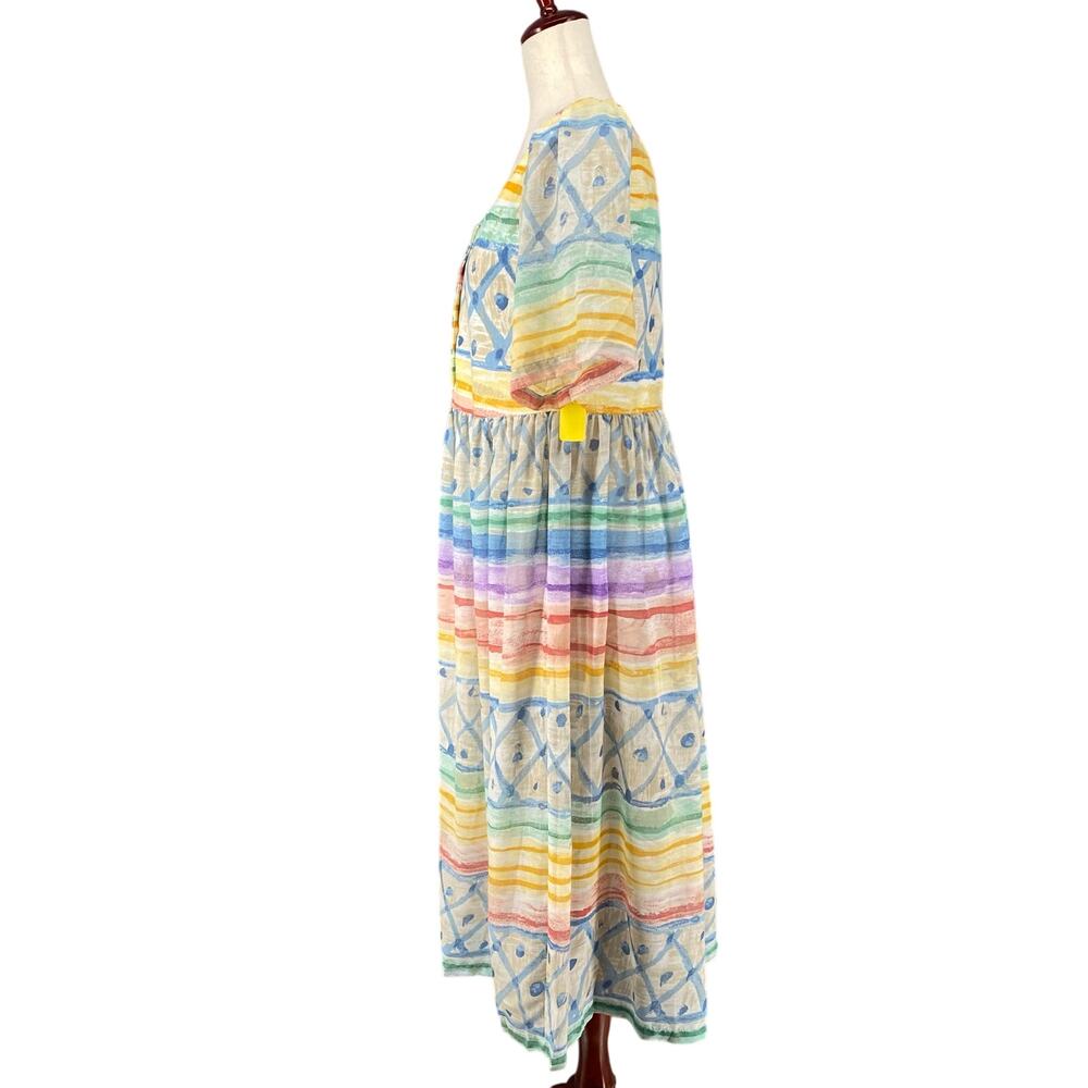 Vtg NOS 90s Two Potato Artsy Watercolor A Line Midi Dress M Petite Sheer Pastel - Picture 4 of 16